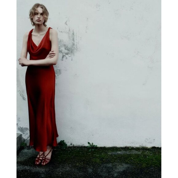 NWT ZARA Collection Womens Satin Long Slip Dress Red Bloggers Favorite Size M - Picture 1 of 11